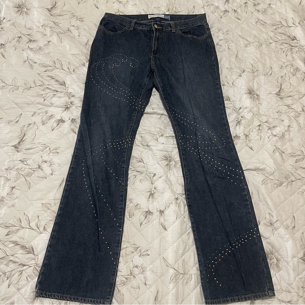 90s Y2K Dark Blue Flare Jeans with Studded Design